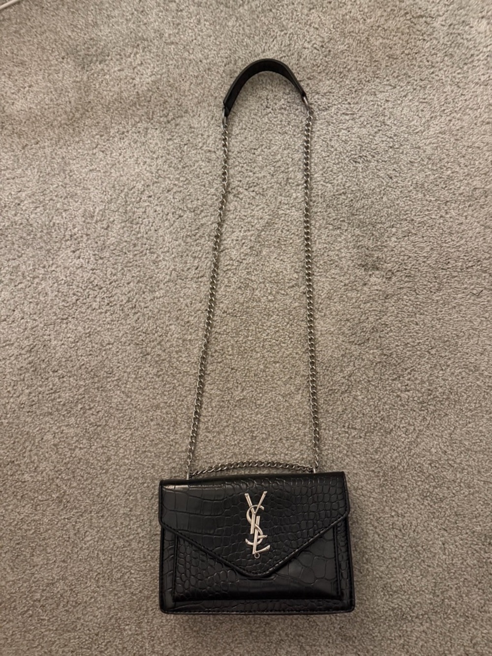 Saint Laurent Black Croc-Embossed Leather Chain Crossbody